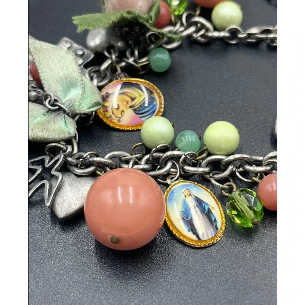 Rasa Signed Peach Green Beaded Pink Rose Religious Themed Charm Dangle‎ Bracelet